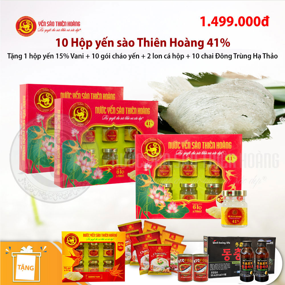 10 Hộp yến sào Thiên Hoàng 41% (6 lọ/hộp) - Tặng 1 hộp yến sào Thiên Hoàng 15% Vani + 10 gói cháo yến + 2 lon cá hộp KTC Food + 10 chai Đông Trùng Hạ Thảo 10 Hộp yến sào Thiên Hoàng 41% (6 lọ/hộp) - Tặng 1 hộp yến sào Thiên Hoàng 15% Vani + 10 gói cháo yến + 2 lon cá hộp KTC Food + 10 chai Đông Trùng Hạ Thảo