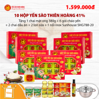 10 Hộp yến sào Thiên Hoàng 41% (6 lọ/hộp) - Tặng 1 nồi Inox Sunhouse SHG788-20+ 1 chai mật ong Honey An 380g + 6 gói cháo yến Thiên Hoàng + 2 chai dầu ăn + 2 lon sữa đặc Ngôi Sao Phương Nam 380g