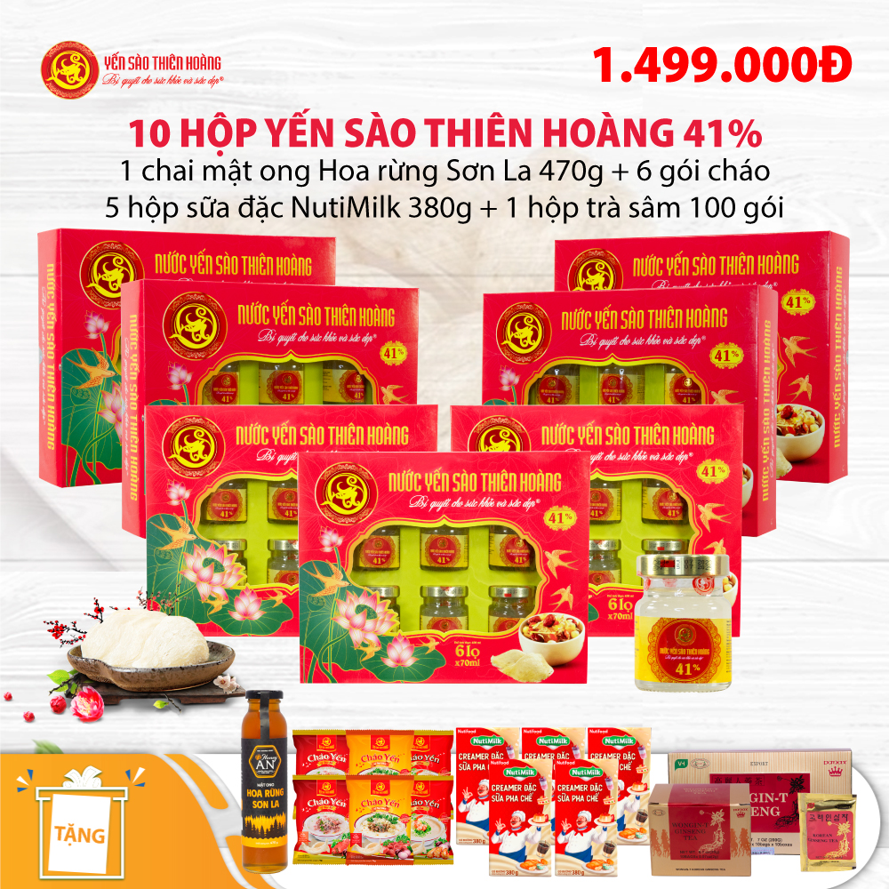10 Hộp yến sào Thiên Hoàng 41% (6 lọ/hộp) - Tặng 1 chai mật ong hoa rừng Sơn La 470g + 5 hộp sữa đặc pha chế NutiMilk Hộp 380g + 6 gói cháo yến + 1 hộp trà sâm 100 gói 10 Hộp yến sào Thiên Hoàng 41% (6 lọ/hộp) - Tặng 1 chai mật ong hoa rừng Sơn La 470g + 5 hộp sữa đặc pha chế NutiMilk Hộp 380g + 6 gói cháo yến + 1 hộp trà sâm 100 gói