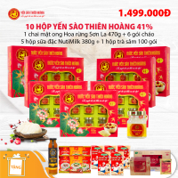 10 Hộp yến sào Thiên Hoàng 41% (6 lọ/hộp) - Tặng 1 chai mật ong hoa rừng Sơn La 470g + 5 hộp sữa đặc pha chế NutiMilk Hộp 380g + 6 gói cháo yến + 1 hộp trà sâm 100 gói