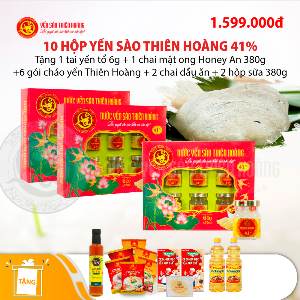 10 Hộp yến sào Thiên Hoàng 41% (6 lọ/hộp) - Tặng 1 tai yến tổ 6g + 1 chai mật ong Honey An 380g + 6 gói cháo yến Thiên Hoàng + 2 chai dầu ăn + 2 hộp sữa đặc pha chế NutiMilk Hộp 380g