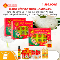 10 Hộp yến sào Thiên Hoàng 41% (6 lọ/hộp) - Tặng 1 tai yến tổ 6g + 1 chai mật ong Honey An 380g + 6 gói cháo yến Thiên Hoàng + 2 chai dầu ăn + 2 hộp sữa đặc pha chế NutiMilk Hộp 380g