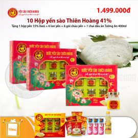 10 Hộp yến sào Thiên Hoàng 41% (6 lọ/hộp) - Tặng 1 hộp yến sào Thiên Hoàng 15% Vani + 6 lon nước yến + 6 gói cháo yến + 1 chai dầu ăn Tường An 400ml