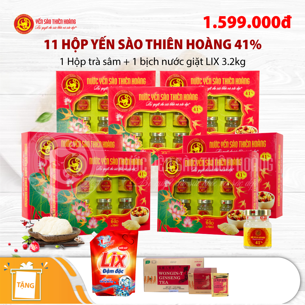 11 Hộp yến sào Thiên Hoàng 41% (6 lọ/hộp) - Tặng 1 hộp trà sâm Wongin T 100 gói + 1 bịch nước giặt Lix 3.2kg 11 Hộp yến sào Thiên Hoàng 41% (6 lọ/hộp) - Tặng 1 hộp trà sâm Wongin T 100 gói + 1 bịch nước giặt Lix 3.2kg