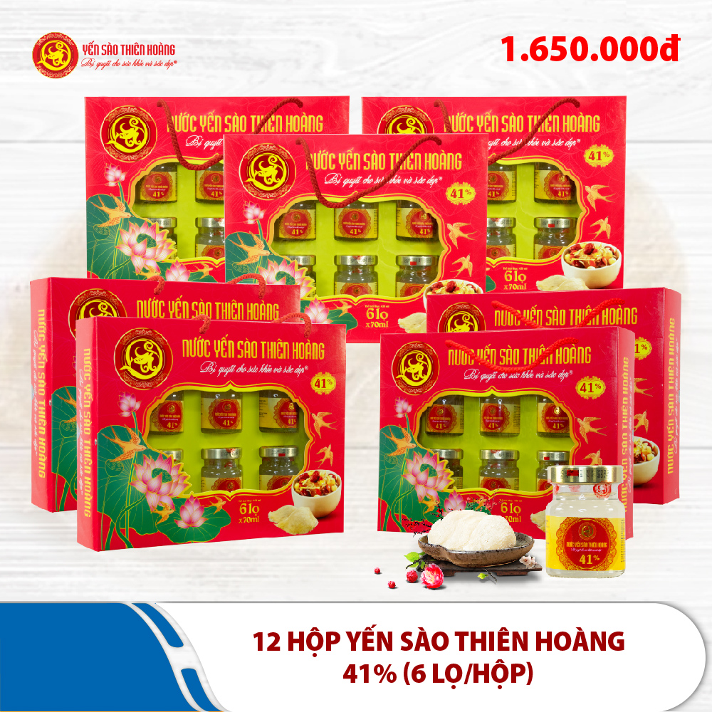 12 Hộp yến sào Thiên Hoàng 41% (6 lọ/hộp) 12 Hộp yến sào Thiên Hoàng 41% (6 lọ/hộp)