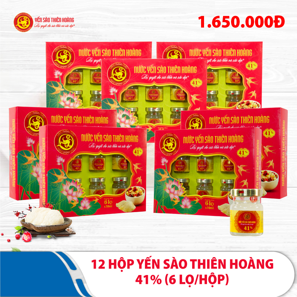 12 Hộp yến sào Thiên Hoàng 41% (6 lọ/hộp) 12 Hộp yến sào Thiên Hoàng 41% (6 lọ/hộp)
