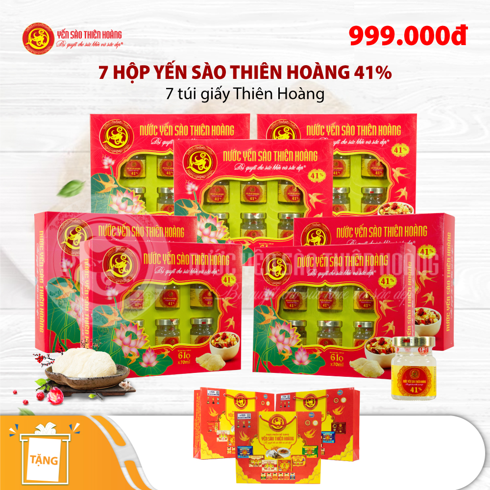 7 Hộp yến sào Thiên Hoàng 41% (6 lọ/hộp) - Tặng 7 túi giấy Thiên Hoàng 7 Hộp yến sào Thiên Hoàng 41% (6 lọ/hộp) - Tặng 7 túi giấy Thiên Hoàng