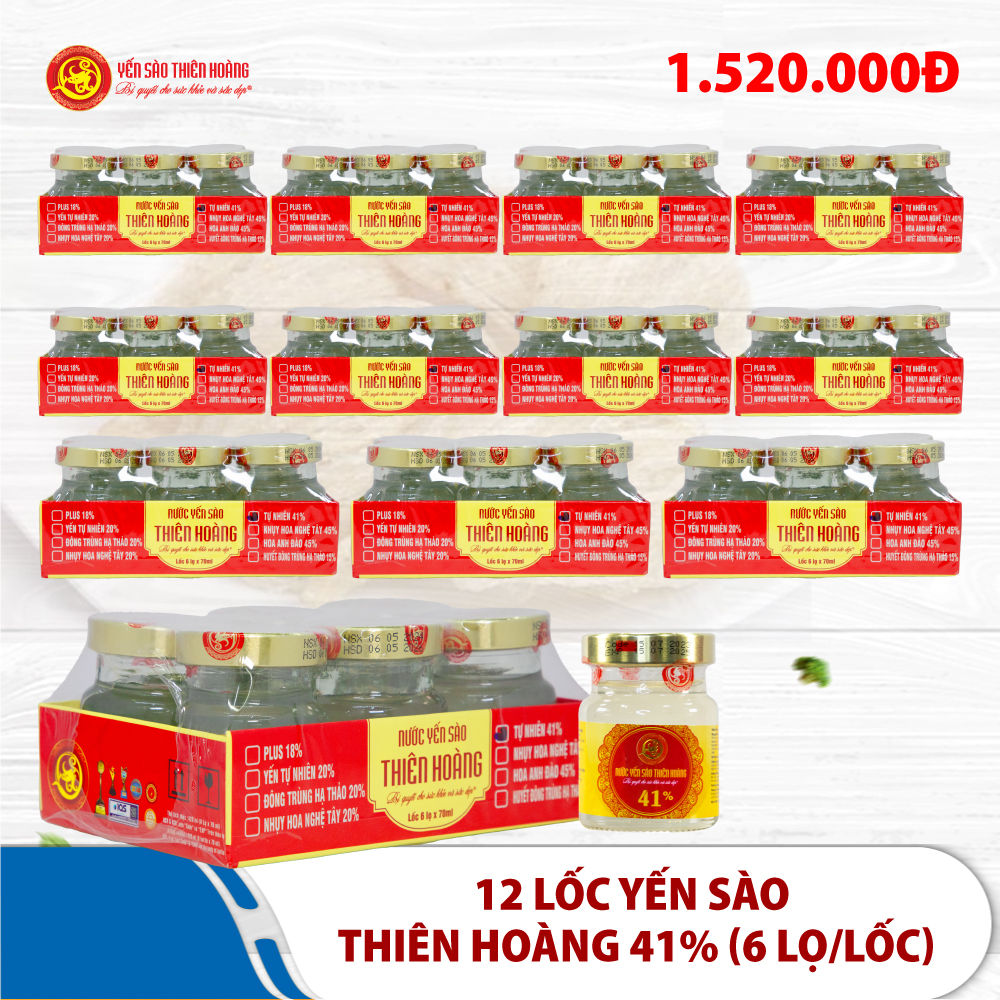 12 Lốc yến sào Thiên Hoàng 41% (6 lọ/lốc) 12 Lốc yến sào Thiên Hoàng 41% (6 lọ/lốc)