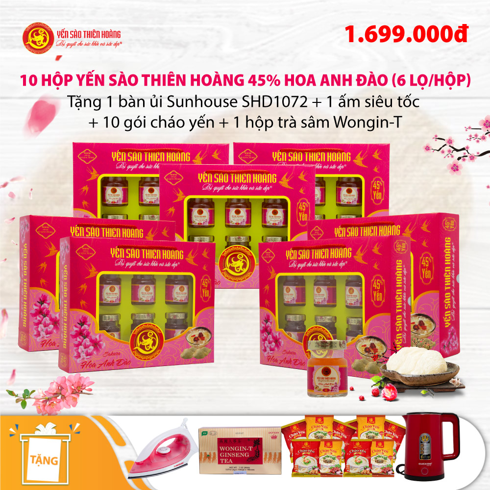 10 Hộp yến sào Thiên Hoàng Hoa Anh Đào 45% (6 lọ/hộp) - Tặng 1 bàn ủi Sunhouse SHD1072 + 1 ấm siêu tốc + 10 gói cháo yến Thiên Hoàng + 1 hộp trà sâm Wongin-T Ginseng Tea 10 Hộp yến sào Thiên Hoàng Hoa Anh Đào 45% (6 lọ/hộp) - Tặng 1 bàn ủi Sunhouse SHD1072 + 1 ấm siêu tốc + 10 gói cháo yến Thiên Hoàng + 1 hộp trà sâm Wongin-T Ginseng Tea