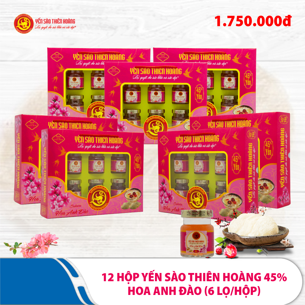 12 Hộp yến sào Thiên Hoàng Hoa Anh Đào 45% (6 lọ/hộp) 12 Hộp yến sào Thiên Hoàng Hoa Anh Đào 45% (6 lọ/hộp)