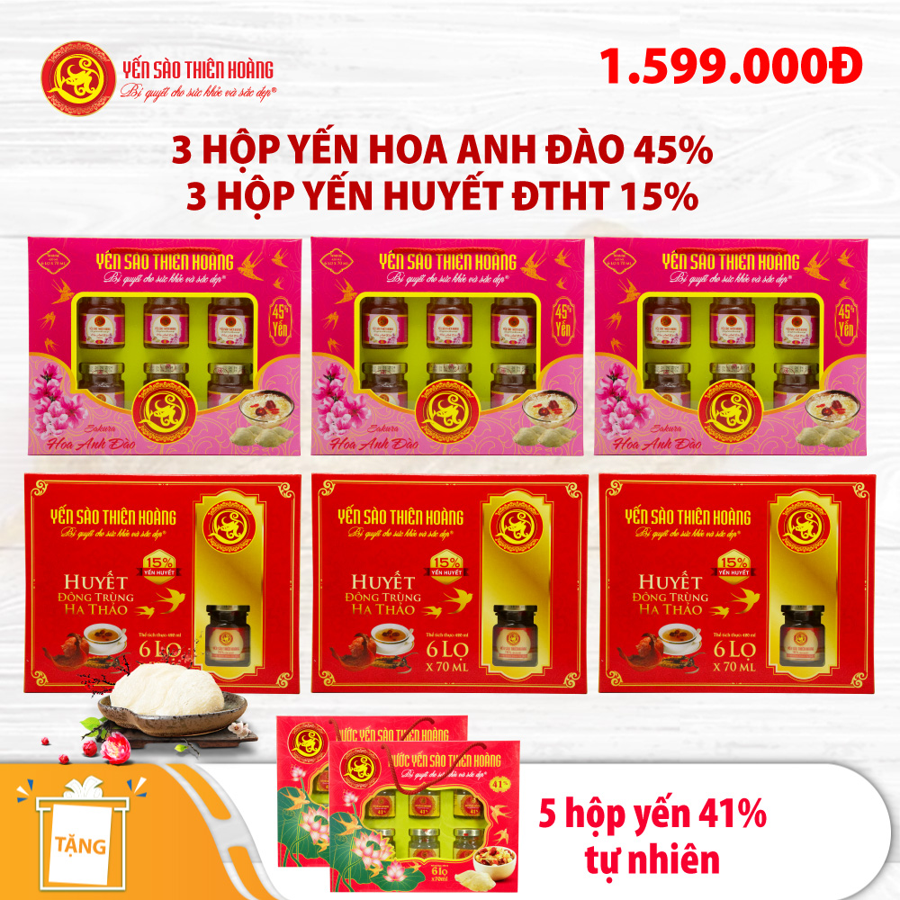 3 Hộp yến sào Thiên Hoàng Hoa Anh Đào 45% (6 lọ/hộp) + 3 hộp yến huyết Đông Trùng Hạ Thảo 15% - Tặng 5 hộp yến 41%