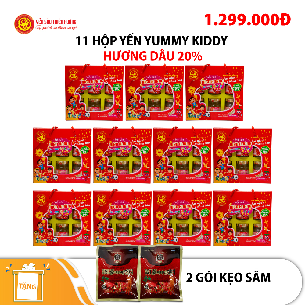11 hộp yến Yummy Kiddy hương dâu 20% Thiên Hoàng (6 lọ/hộp) - Tặng 2 gói kẹo sâm 11 hộp yến Yummy Kiddy hương dâu 20% Thiên Hoàng (6 lọ/hộp) - Tặng 2 gói kẹo sâm