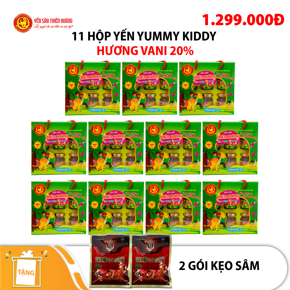 11 hộp yến Yummy Kiddy hương Vani 20% Thiên Hoàng (6 lọ/hộp) - Tặng 2 gói kẹo sâm 11 hộp yến Yummy Kiddy hương Vani 20% Thiên Hoàng (6 lọ/hộp) - Tặng 2 gói kẹo sâm